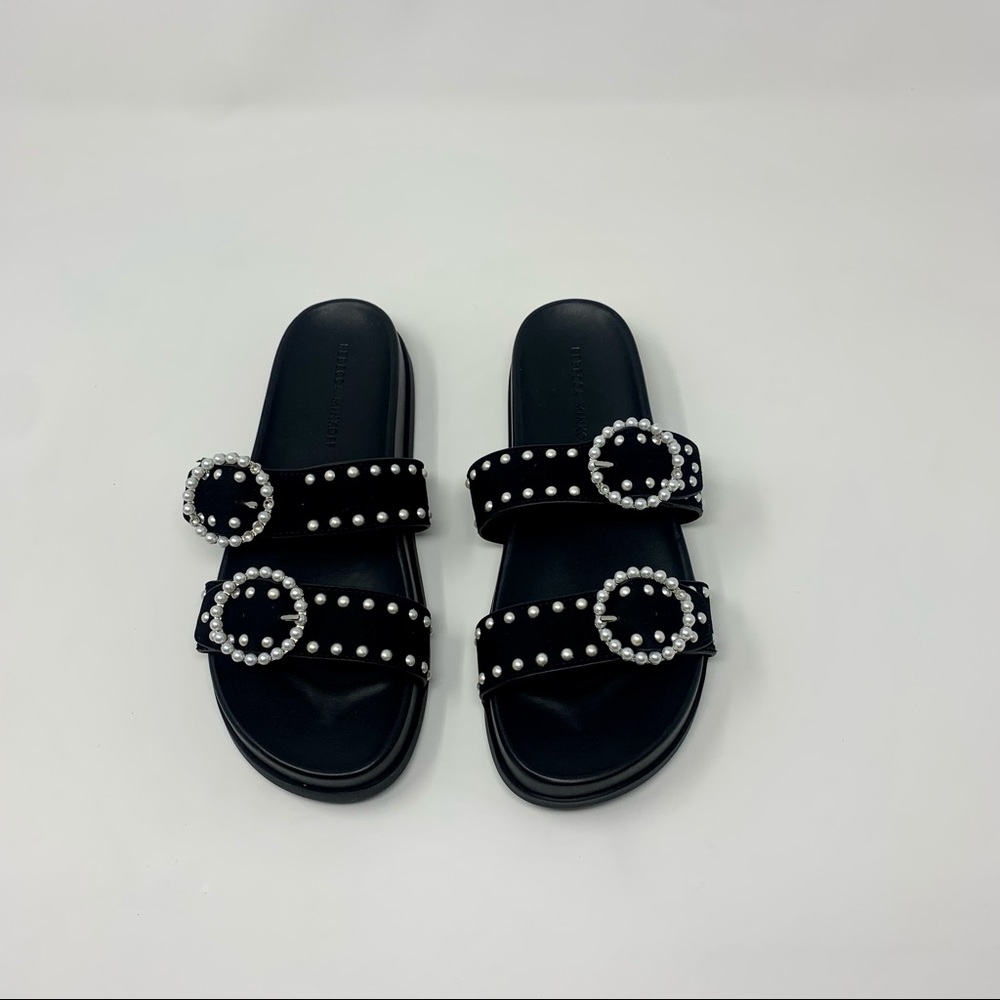 Rebecca Minkoff Veeoleeta Double Suede Strap Pearl Embellished Slide Sandals